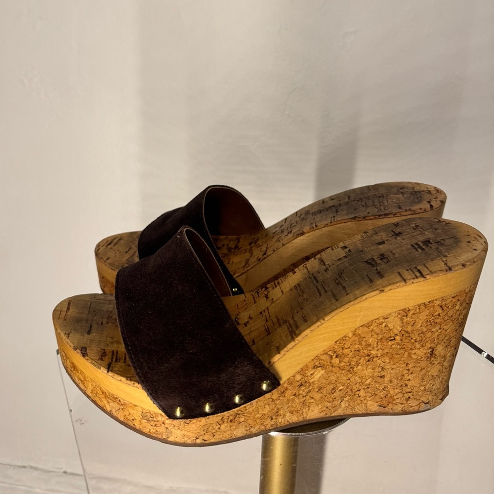 Brown Platform Wedge Sandals with Cork Heel and Wide Strap